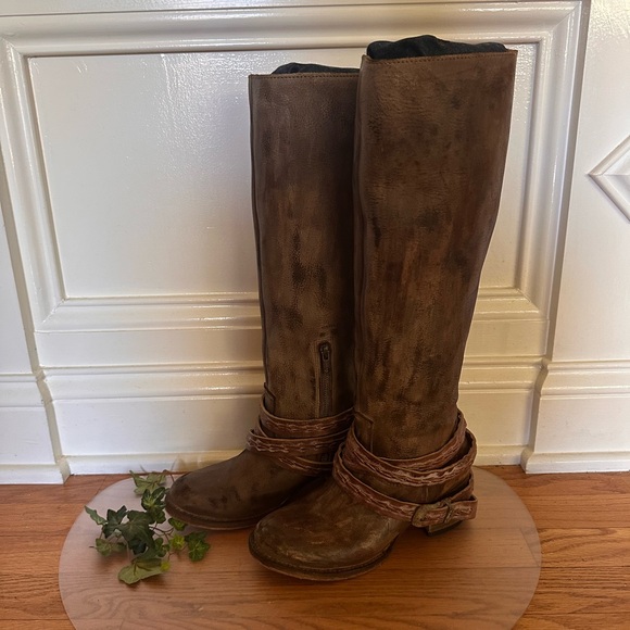 Brown Tall Leather Boots with Wrap Detail - Picture 2 of 8